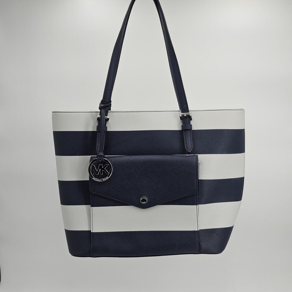 Michael Kors Medium Jet Set 38S0GTTT6L Saffiano Leather Tote Bag Blue White